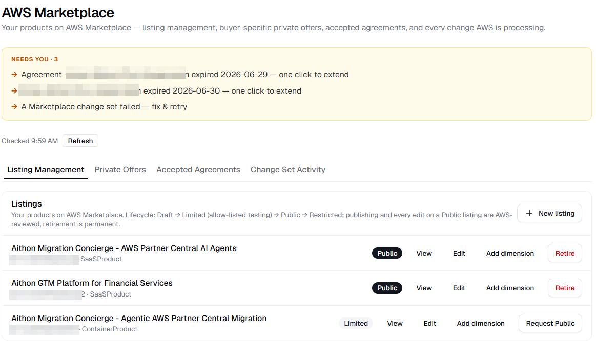 Marketplace management in Aithon: listing lifecycle, expiring agreements in the needs-you queue, and every change set AWS is processing