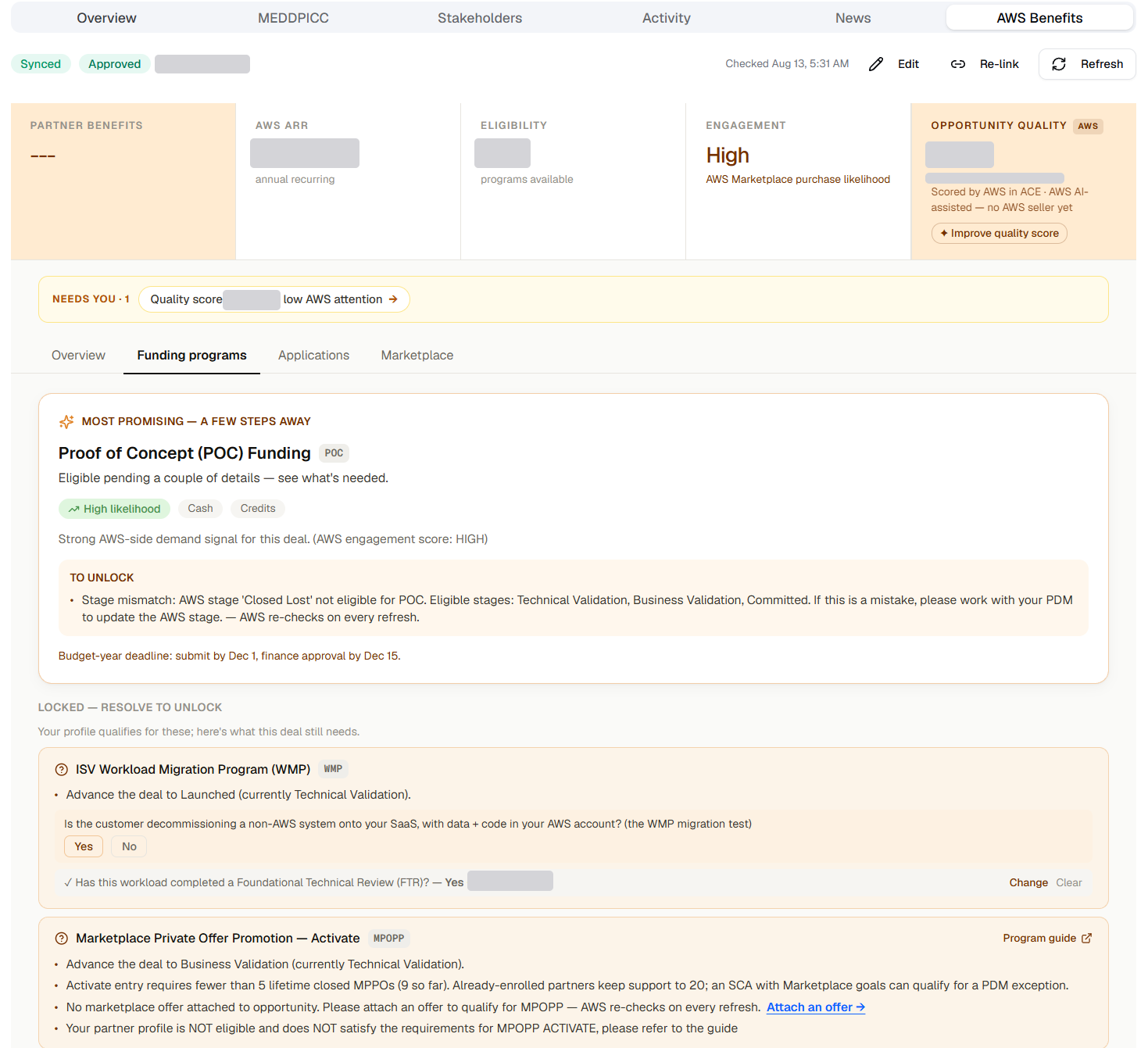 The AWS Benefits tab on a deal in Aithon: the funding programs this deal could draw on, what is blocking each one, and the deadline that matters