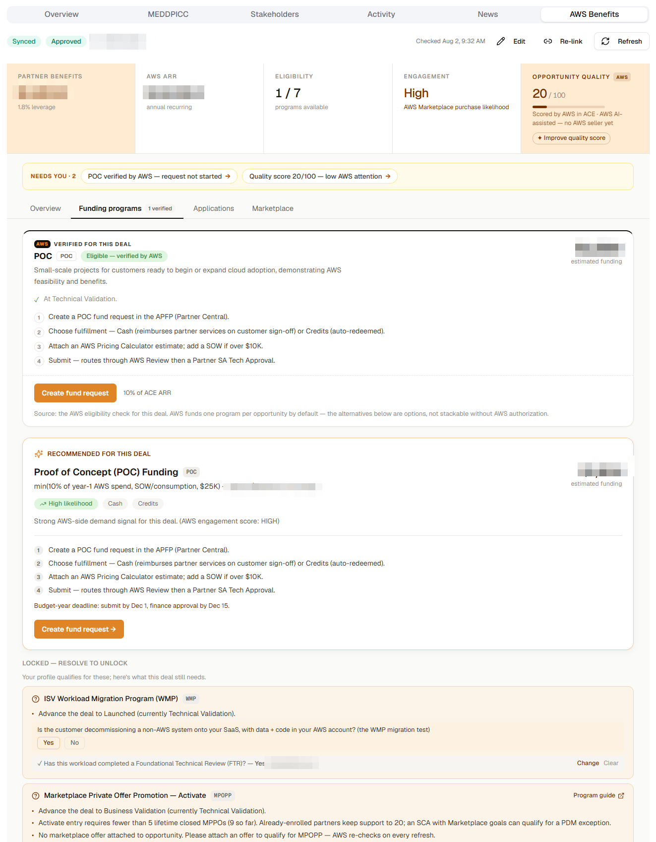 The AWS Benefits tab on a deal in Aithon: eligibility computed, one program verified by AWS, and the next steps attached